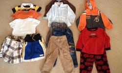 Box of 3 yr old boys clothing including shorts, t-shirts, long sleeve shirts, pants, pjs, ccm jacket
