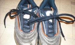 Boy's size 3 "MXK" running shoes (says size 31 inside shoe) navy and silver/grey with orange detail. Good condition.