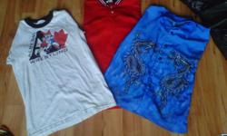 white alberni wrestling shirt(brand:gildan,activewear,ultra cotton,heavy weight, size eight.Red tee number 64 about size nine.blue dragon print dess shirt (brand:c8 street colture 100% poyester size medium. good condidtion no holes no stains exept for