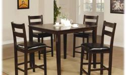 Brand New in box casual dark finish 5 pc pub dining set (1Table+ 4 stools are on sale for $299.99
(Please Mention This Ad)
Dimensions : 42"X42"X36"H .
Key features: The seats features Faux Leather in. 5 piece set includes a Counter Height Table and Four