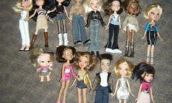 I have lots of bratz dolls, Pictures show everything that i have.All in good condition. The picture of the four bratz are in their original outfits that they came in. The last picture are little plastic dolls.