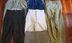 Horka quilt jacket $15 / beige "dark horse" design zip up shirt, med $10 / like new (worn a handful of times) gap, size med, brown down vest with hood -SOLD/ Breeches- Left to right /top to bottom Arista breeches, (26) leather knee patch, light green,