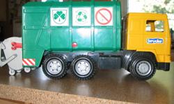 We have a Bruder garbage truck in excellent condition for sale.  Bruder is a German product. All working parts are working. I don't have the box that it came in.  My boys just outgrew it.