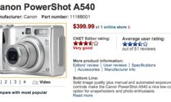 Canon PowerShot A540 has 6.0 Mega Pixels and a 4X Optical Zoom Lens. Not only does it take pictures, but also records video with a built-in microphone. It has an automatic focus adjustment, with automatic flash and automatic red-eye reduction. Its an LCD