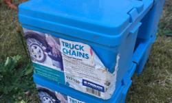 Tire chains that we no longer need because we switched vehicles. These have never been used and are in great condition. I have included a picture that shows which types of tires they will work on. Typically these cost $80-100 or more per box. So, the