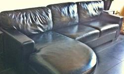 3 year old beautiful black leather sectional. Paid $3600, asking for less than half.
Very good condition and very comfortable!
Length: 106 inches
Depth: 36 inches
Chaise depth: 65 inches
Chaise is on left hand side (when you're facing the couch).