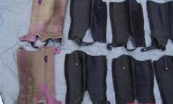Children's 1/2 chaps: purple/gray chaps are a sz. 12, equi grip; black leather chaps, inside 11", outside 12"; in 12", out 13"; in 13" , out 14"; in 14", out 15", sz. S ; $30 each
