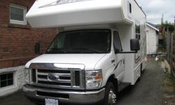 Ford model E350 year 2011 coach built 2012 mileage 108300 kms
unit length 22 feet complete with: trailer hitch, heated and insulated tanks, thermo windows, roof air conditioner, fantastic
fan, max air covers, new awning, fresh water pressure regulator,
