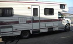 1988 Class C Ford Elite Motorhome, Three piece bathroom, corner bed, sofa, and dining table that all pull down to  beds along with a bunk above the cab.  It has three way fridge, microwave, oven with four burner stove, air conditioning and heater, plenty