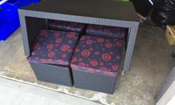 Rattan coffee table c/w four stools and cushions that store underneath. Measures 40" x 40" x 18" h
In Campbell River area.