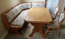 From Bavaria, Corner Unit, solid carved wood Chair/Table/Bench components, 2 table leaf extensions, Bench storage.
Tabletop has some watermarks, great overall condition from a no smoker home
$695 o.b.o.