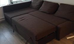 Brown Friheten Sofa Bed from Ikea.
1 year old. Perfect condition.
Storage space under the chaise. The lid stays open so you can safely and easily take things in and out.
Easily converts into a bed.
Sofa, chaise and double bed in one.
**Person buying is