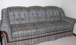 Sklar-Peppler 6-foot long sofa with matching chair, clean & excellent condition, no worn areas. Silver blue plaid with dark solid oak trim. Sofa has 3 cushions with zippered covers. Purchased at Kullberg's for $1500, made in Canada. Will sell for $350 due