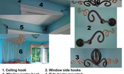 1 set of 2 side hooks, 1 set of 2 sides and 1 centre hook, 1 ceiling hook. How to use the hooks in photo. Curtains fit 2 corner windows, each 39" wide and single window 42" wide. Bed curtain in queen width and drapes to bottom of mattress+. Curtains are a