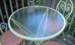 Lovely custom made vintage table and and 3 chairs.
Tempered glass top.
Great for a condo, cottage or small apartment.
Can be used indoors and out.
Could be painted to suit your decor or left neutral.
519-498-2605