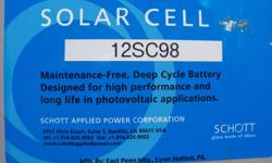 Deep Cycle 12V solar battery.  Used 2 years Good condition.  Two batteries avaliable.  These two batteries are designed for use with solar panels and are top of the line batteries that are used for 2 years in a goverment applications (remote weather