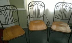 3 chairs in very good condition; one with arms.
 
Can be used indoor or outdoor, but we have used them as kitchen chairs.
 
Come from pet free and smoke free house.
 
Wood on the seats seem to be solid oak.
 
Please call Mariam at (780) 452-7908 if