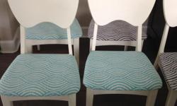 Solid Walnut kitchen chairs, refinished in off-white or charcoal grey. Grey or turquoise fabric. Up-to-date and ready to freshen up a cottage, cafe or your own kitchen. Will sell set of 4 or 6. 5 white with grey/white fabric and 5 white with