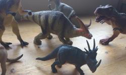 Lots o' Dinosaurs. Various sizes. If your child or grandchild loves dinosaurs, this will make his/her day. This was my son's entire collection. Some are the larger, German-made figures (Schleich ~ about $20 new each) and some are small, less expensive