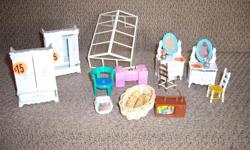 Plenty of wooden and plastic doll house furniture. Also have small dolls, SHINGLES, FLOORING, ELECTRICALS, dormers, PAINT IN SMALL TINS. Welcome to view. I have more pictures.
baby in white sheets-sold