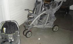 Tandem stroller from Graco - comes with infant car seat that clicks into the back spot until baby is ready to ride in the stroller.  Both seats recline and have visors. Good condition. Clean with no rips. Car seat is in excellent shape. Please email if