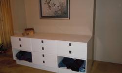 Versatile white IKEA modular units can be used to create storage units, coffee/end tables, TV stand, dressers and/or side tables.  Each unit measures: 23.5?w x 11.75?h x 24?d.  There are 7 units available: 6 have 2 drawers each and 1 unit is open inside.