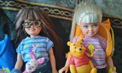 $10 each. Stacie and Whitney (Barbie's little sis and friend). Adult owned, display only. If you put a battery in the backpack, the flashlight will work. Pooh Bear and Piglet are on a velcro strip that wraps around the doll's wrist. More pictures in