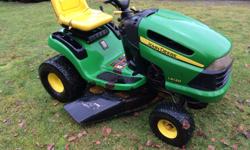 John Deere LA120 Garden Tractor for sale - $800 obo.
One owner since new. Regularily maintained. 545.2 hours. Runs like a top. 42" Mower deck needs replacement or a handy person who can touch weld a few spots, as the metal has gotten weak near the