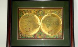 Framed Antique Gold World Map Art Print
- NOVA TOTIVS TERRARVM ORBIS GEOGRAPHICA AC HYDROGRAPHICA TABULA. Auct- Henr- Hondio
- cherry wood frame with olive color mat, clear glass front protection
- ready to hang
- in good condition, except a minor dent on