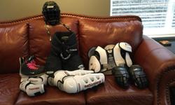 Look no further to get everything you need for your son/daughter for hockey. My daughter used this for one year when she was 11, very timid player, everything is just like new. Nike skates size 5, gloves 12", shoulder pads/chest protector sm/med size 4,