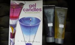 This is a great kit to get started making gel candles.  There are two tubes of gel material, one orange, and one jasmine ($30 value); and the glossy cover book 'get candles' 40 creative projects.  Storey Books. $23.95 value.  All as new.