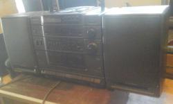 General Electric ghetto blaster with detachable speakers dual cassette tapes 3 lasers CD player tuner and auxiliary for record player or any other device unit has bass boosterAnd equalizer
excellent for the beach or as a workplace stereo system for