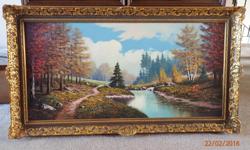 Circa 1970 oil on canvas. Signed by artist "Stainer". Outside frame size 45" X 25" Canvas size 39.5" X 19.75" We are down sizing and need to sell some of the paintings we purchased while living in Germany.
