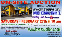 BAILIFF SEIZURE -
COMPLETE CONTENTS OF LARGE AUTOMOTIVE SHOP & TIRE REPAIR CENTRE
Love's Auctioneers in conjunction with Jarvis Auctions have been instructed to sell by way of public auction the complete contents of DOUBLE D MECHANICAL SERVICES LTD.
DATE: