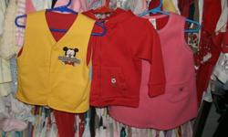here are three little Girls Outfit's: Girls pink sleevless Dress by BABY GAP size 12-18M condition good selling it for $3 / Girls red Sweater with hoodie by BABY GAP size 18-24M condition good selling it for $3 / yellow / red reversable Baby Vest by HAPPY