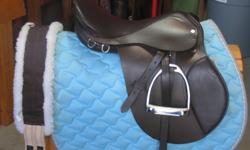 -Barely used dark brown english saddle 17" seat
-Brand new stirrup irons
-brand new Girth w/ tags still on paid $40.00
-Good condition light blue saddle pad w/ silver stitching around border
-Also includes matching light blue rope halter w/ leadrope