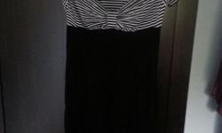 Size 7
Black Guess Dress. Stretch almost spandex material on the bottom so hugs the body beautifully.
Top striped material accentuating cut, with small sleeves perfect for those summer evenings.