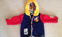 A colourful snap up fleece jacket with hoodie, handmade, and perfect for spring or fall Size 2