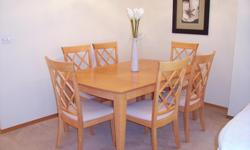 Beautiful set! Real wood table.
Measures 67 inches long (86 inches with leaf), 42 inches wide, 30 inches tall.