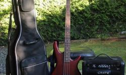 Ibanez 4 string Bass Guitar.
Crate 15 watt amp.
Voyageur Travel Bag.
Essential Elements with CD's and DVD training books.
Perfect Bass guitar for learning and school band in excellent condition.
No traders or dealers please.
