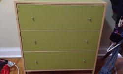 IKEA "Robin" dresser. Green with Birch veneer. 3 drawers. In excellent condition. Drawers are clean and slide smoothly. Dimensions are: 31 1/2" wide x 15 1/2" deep x 32 1/2" high.
and
Green with Birch veneer IKEA Robin bookcase with adjustable shelves. in