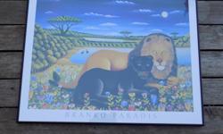 Beautiful and colourful, animal print (jaguar and Lion) with lovely background. Great artwork to inspire the household.
Please email me for further details. Roughly 3 feet by 4.5 feet dimensions.
Thank you.