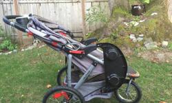 A good solid safe reliable jogging stroller from a non-pet, non-smoking household. Perfect for jogging and off-roading due to large spoked wheels. Also has built in speakers with aux jack.