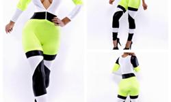 Stretchy Catsuit / Jumpsuit with zipper front. Brand new in package.
Color neon green/black/white
Size L