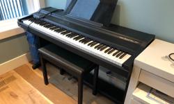 Measures about 54" long by 19" wide.
Great piano just doesn't get played enough anymore. Weighted keys so it plays like a real piano. Play like normal or plug in any regular headphones so you don't disturb others in the house. Bench included.
Pick up only