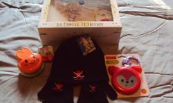 toddler toque and gloves, 2 baby toys and a book with stuffed toy..all brand new