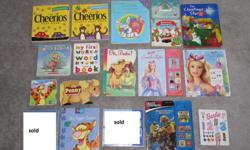 $2 each - board books
Cheerios - Play book
Cheerios - Animal Play Book
Fun with numbers
Snowglobe Winter Party
Santa's Squeaky Boots
Christmas Star (lights up)
Peter Rabbit's Happy Easter
My First word book
Oh, Babe
Barbie of Swan Lake (plays sound,