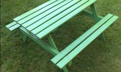 Have a kids picnic table (green) that is in excellent condition.
Size: 42" long, table height is 24" h , bench height is 14"