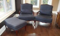 Kincaid mahogany wooden upholstered chairs with ottoman.  Black fabric with gold diamond fabric detail.  Each chair has a mathing rectangular pillow.  Excellent condition.