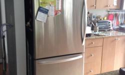 Fridge with bottom freezer, good condition, holds lots,measures 32" w x 31" d x 70" h... Stainless steel..food not included?